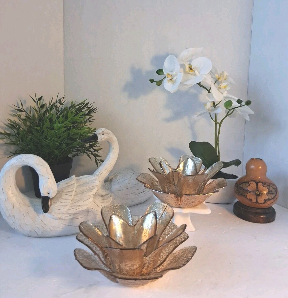Shimmering Gold Lotus Flower Candle Holder/Decorative Bowl; Set of 2; EUC